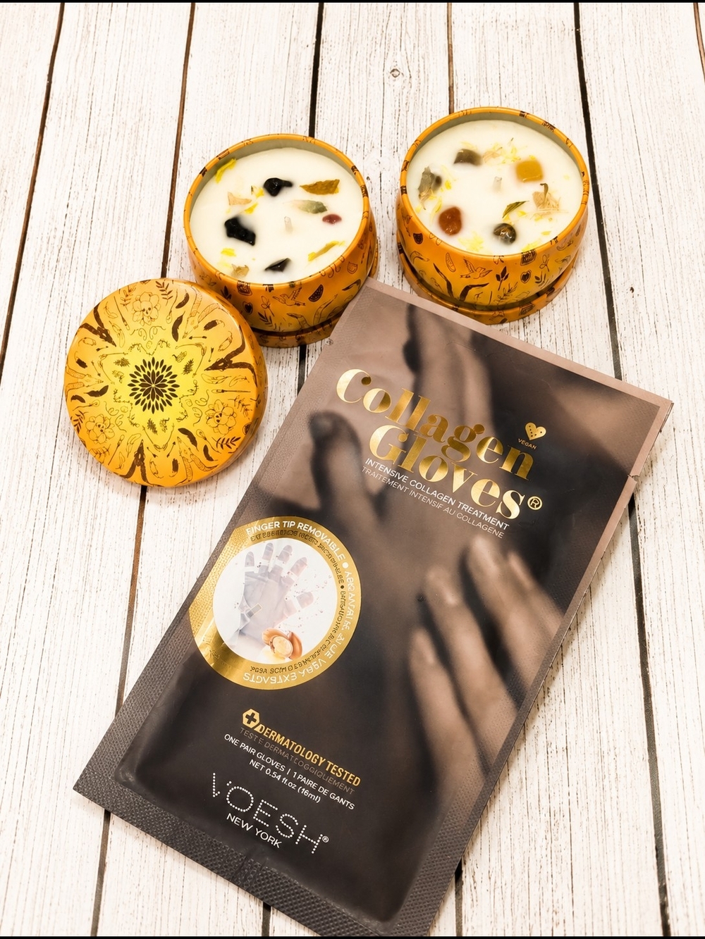 Collagen Gloves Intensive Hand Treatment & Soy Candles With Natural Stones